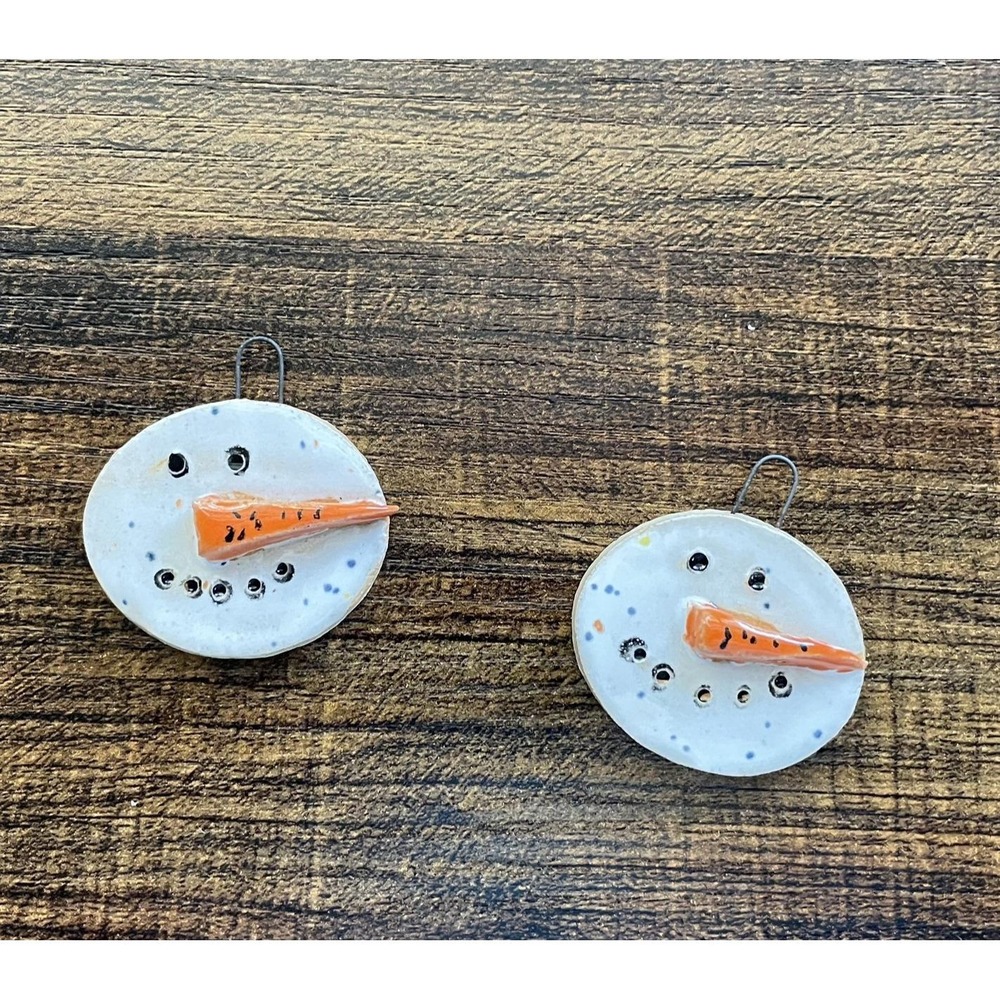 Handmade Snowmen Ornaments Set of 2 Stoneware Christmas Decor Mini Festive Gift